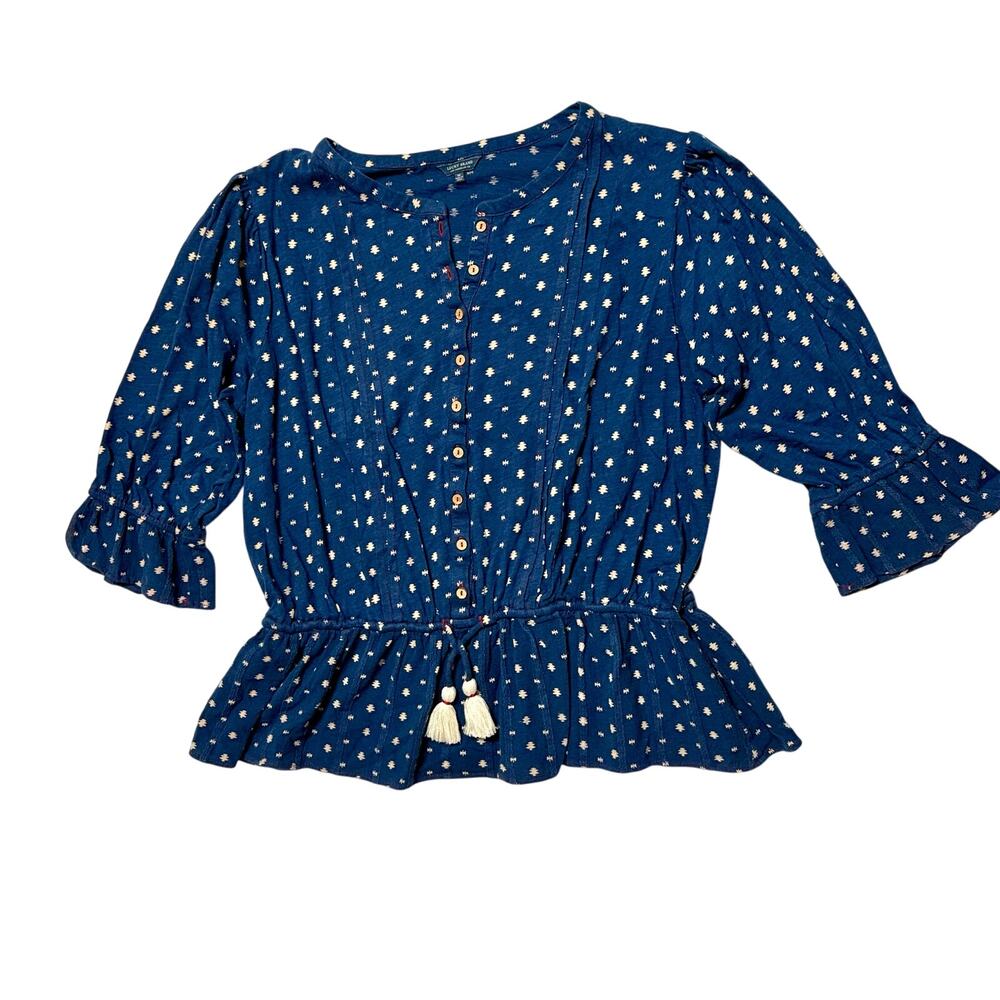 Women’s Navy Blue Polka Dot Peplum Blouse with Tassel Tie